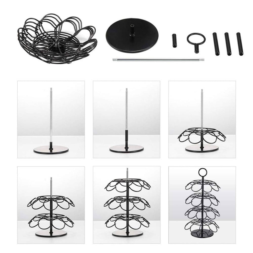 Black coffee capsule holder parts: wire tiers, round base, center pole, top ring