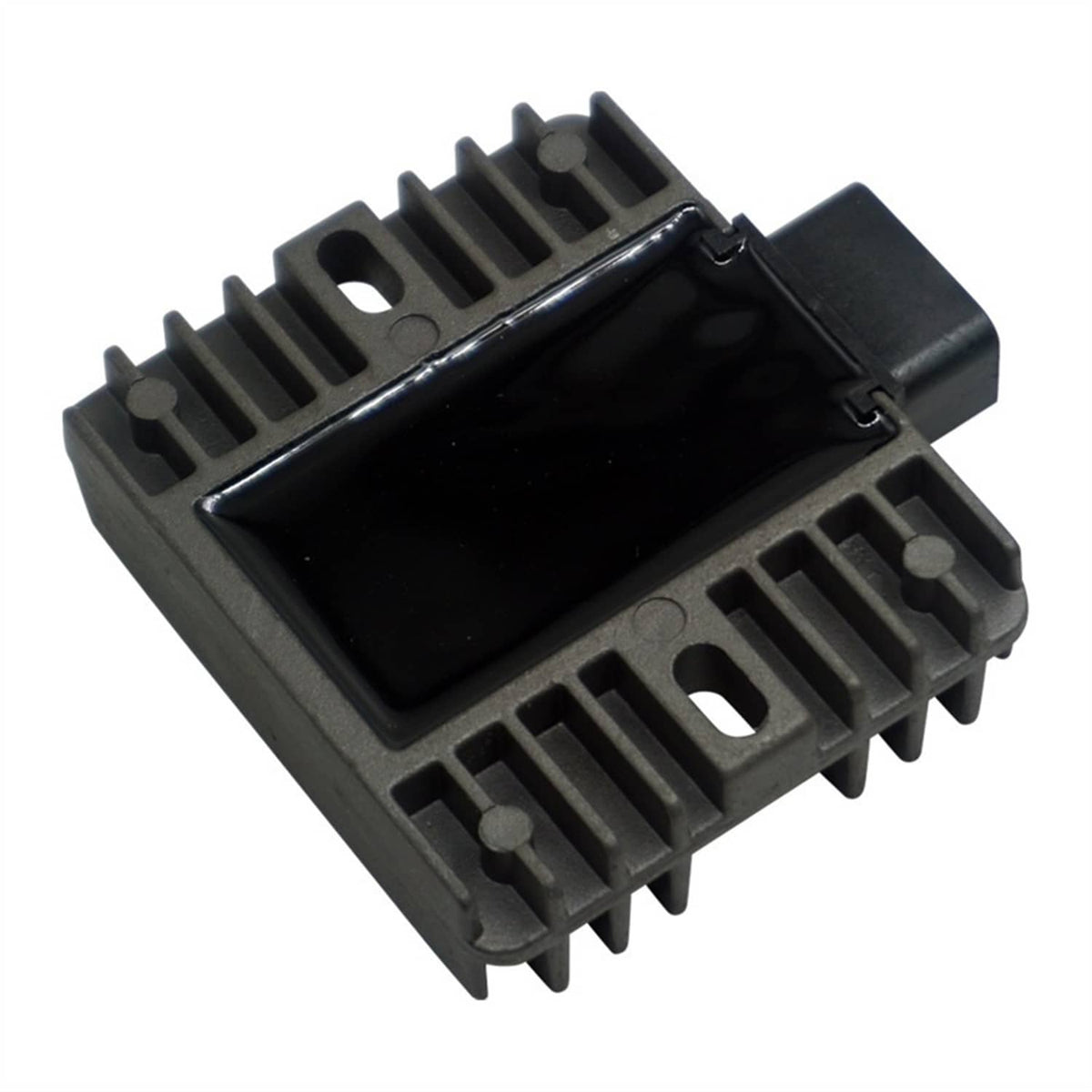 Voltage regulator rectifier angled view with glossy cover plate and multi-pin connector