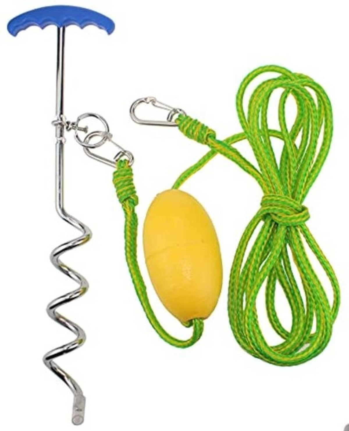 Screw anchor with blue cap, green cord, yellow buoy, and two chain connectors