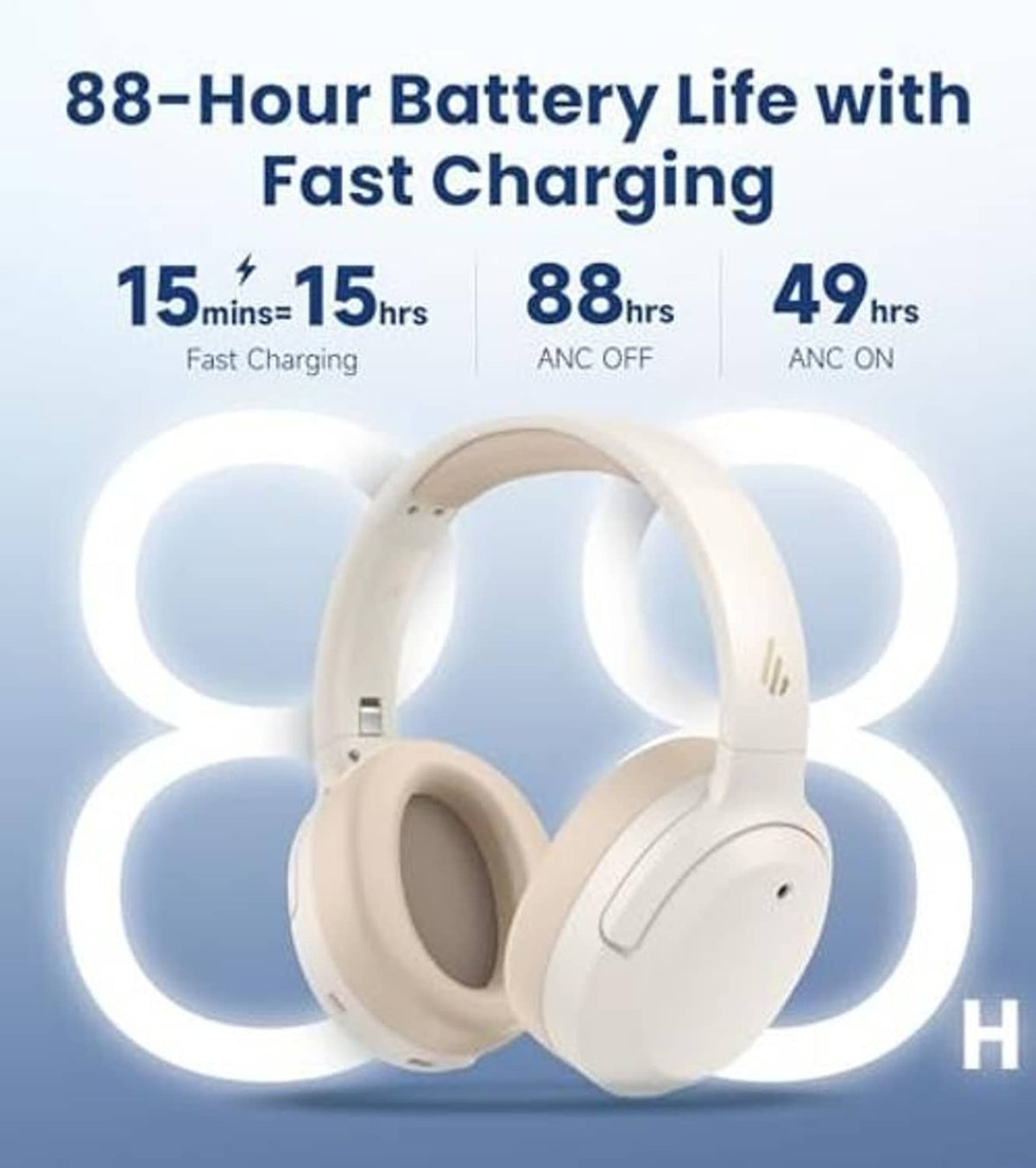 Ivory over-ear headphones with glowing ring accents, front view.