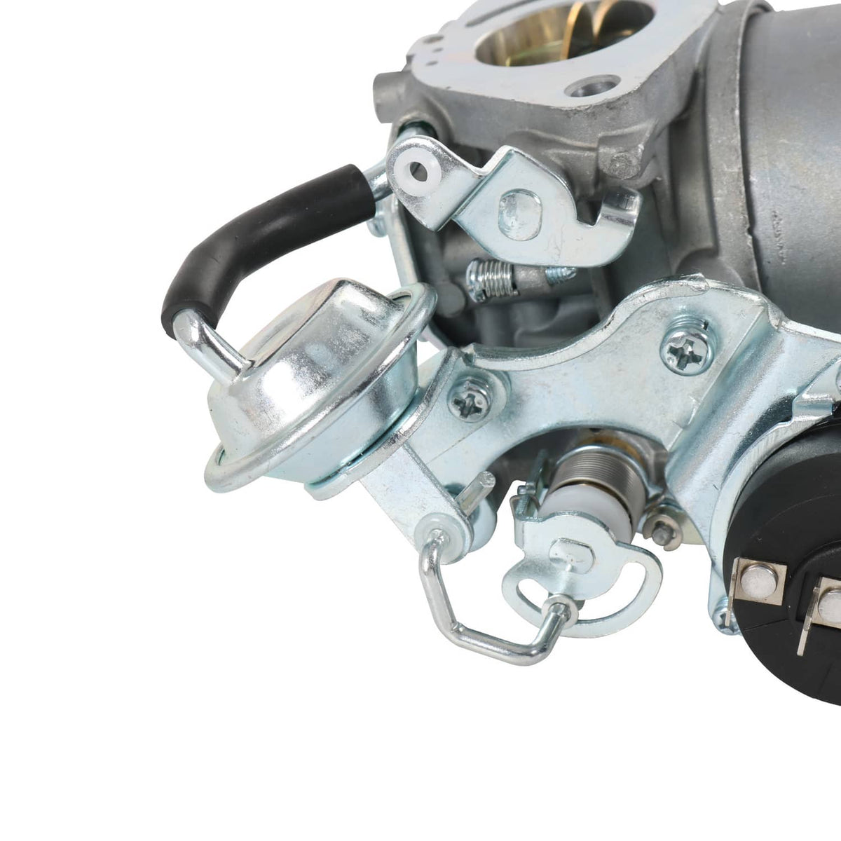 Carburetor with choke lever, spring linkage, and black hose connection
