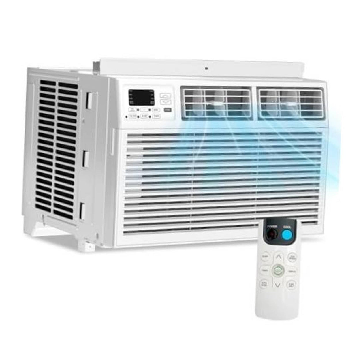 White window air conditioner unit with front grille and control panel, plus remote