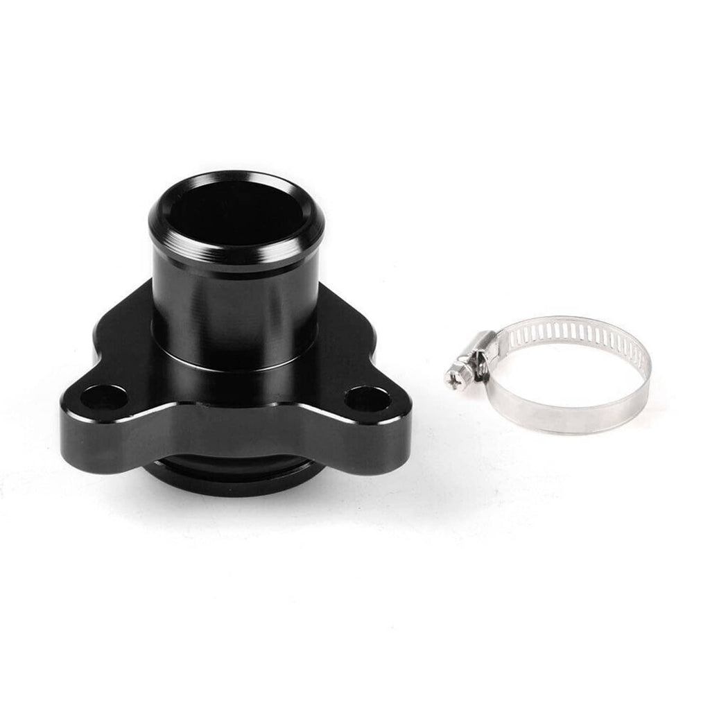 Black coolant water hose fitting with hose clamp and three mounting tabs