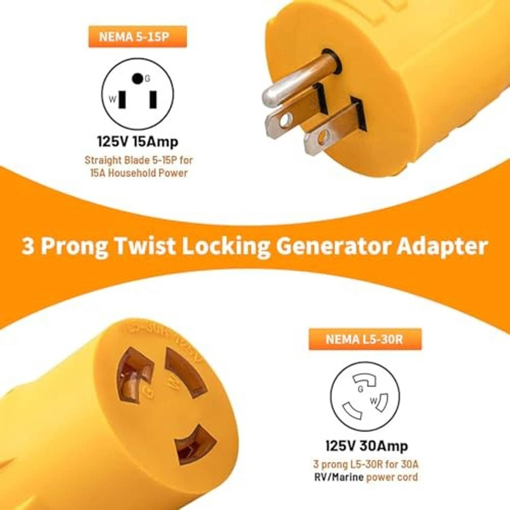 Yellow NEMA generator adapter plug with three-prong L5-30R locking outlet