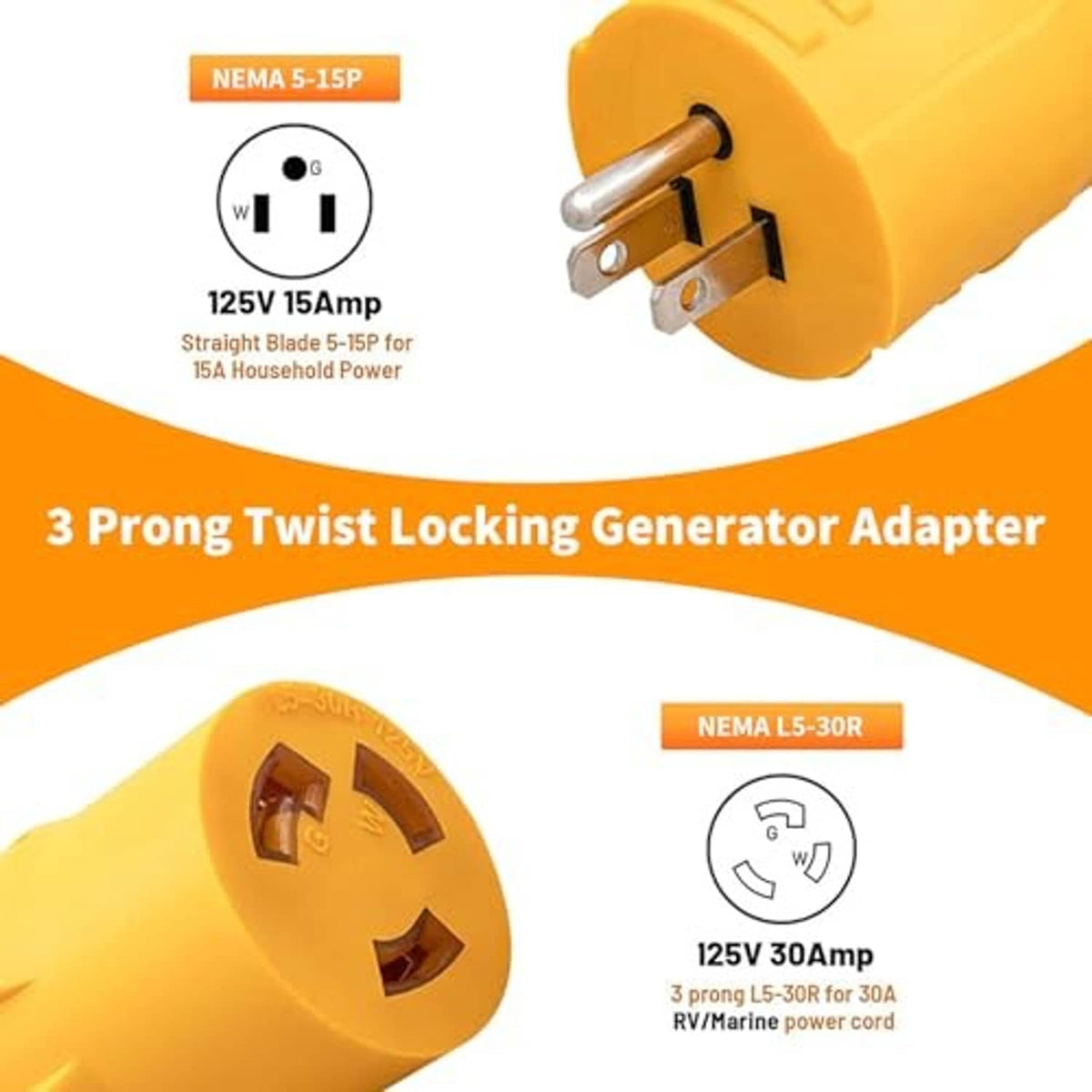Yellow NEMA generator adapter plug with three-prong L5-30R locking outlet