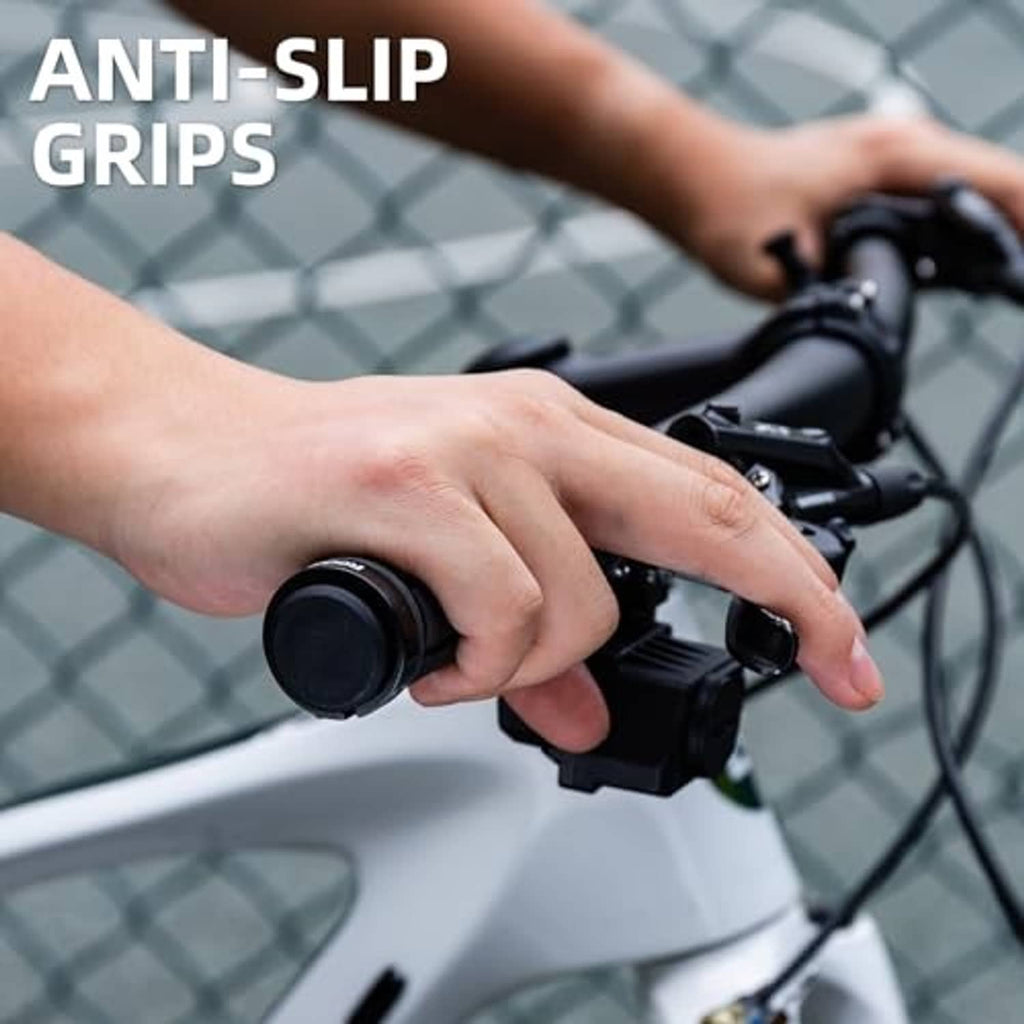 Black textured bike handlebar grips with ergonomic shape on handlebar