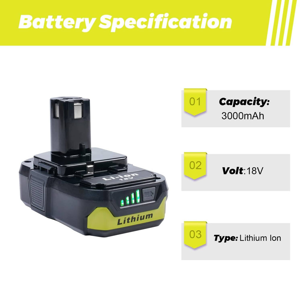 18V Li-ion battery pack with LED indicator bars and 3000mAh capacity marking