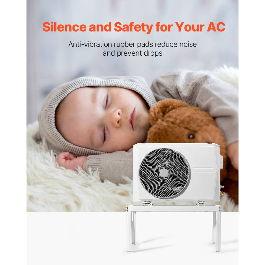 White mini split outdoor unit ground stand with outdoor AC unit on anti-vibration pads
