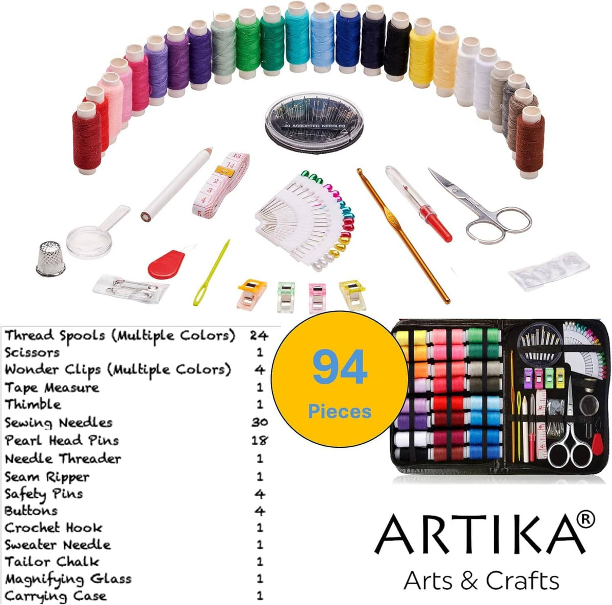 Complete sewing kit set with thread spools, scissors, pins, and tools arranged in a layout