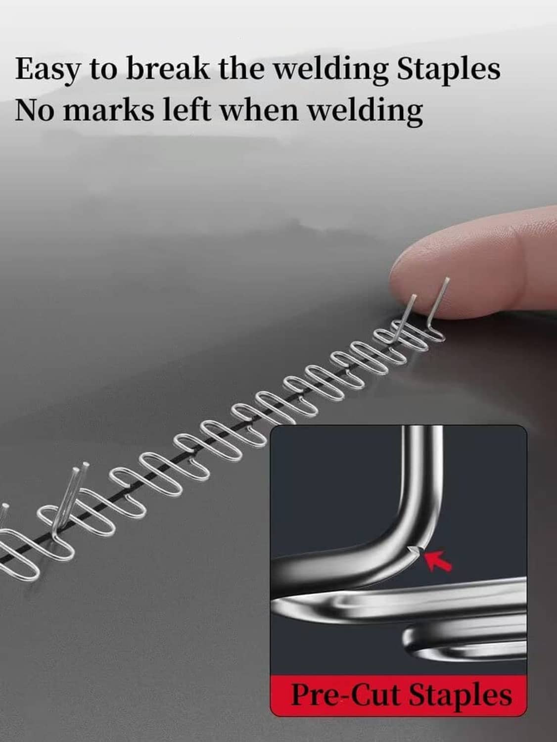 Pre-cut plastic welding staples line with linked bends on a smooth surface