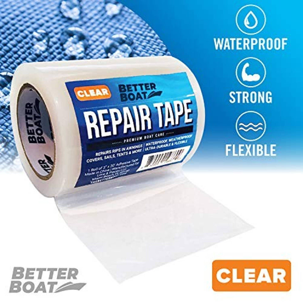 Clear waterproof repair tape roll with white strip; flexible strong waterproof feature icons.