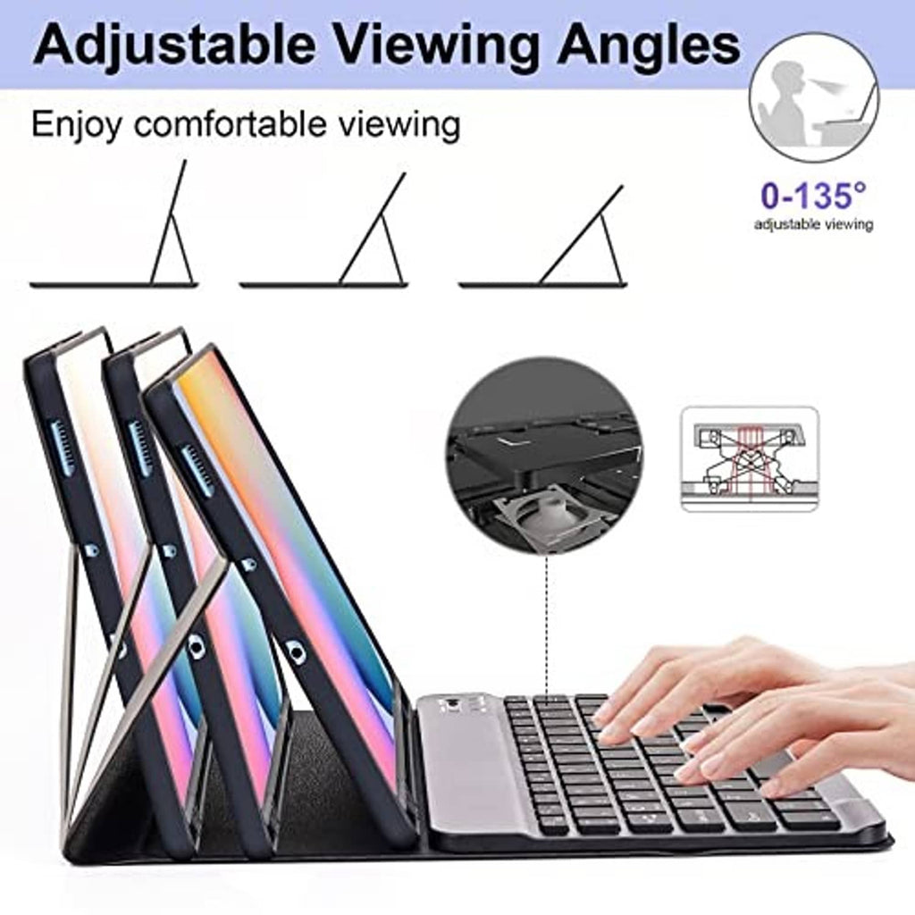 Adjustable viewing-stand keyboard case with tablet propped at multiple angles