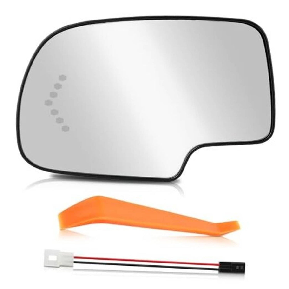 Heated side mirror glass with turn signal, clear with dark black trim
