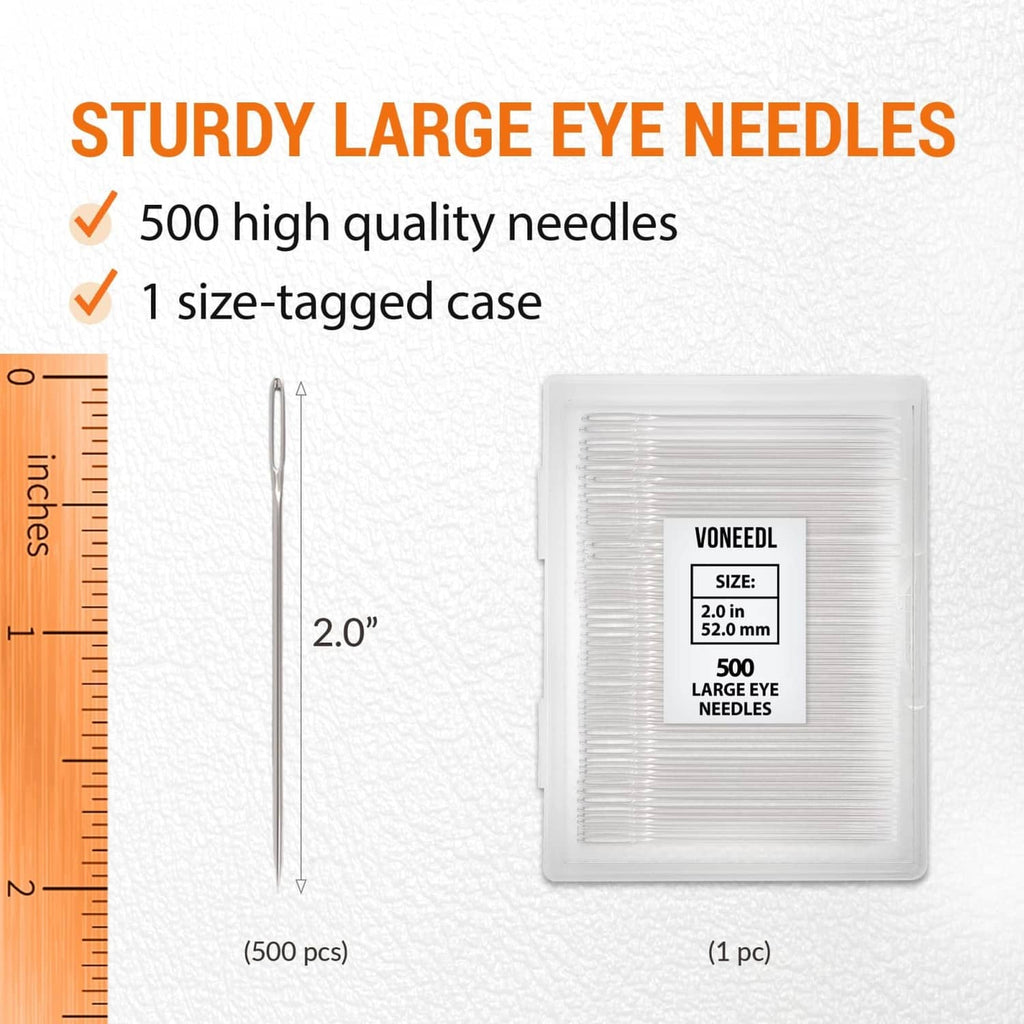 Large-eye sewing needle case labeled 500 needles; needle length shown