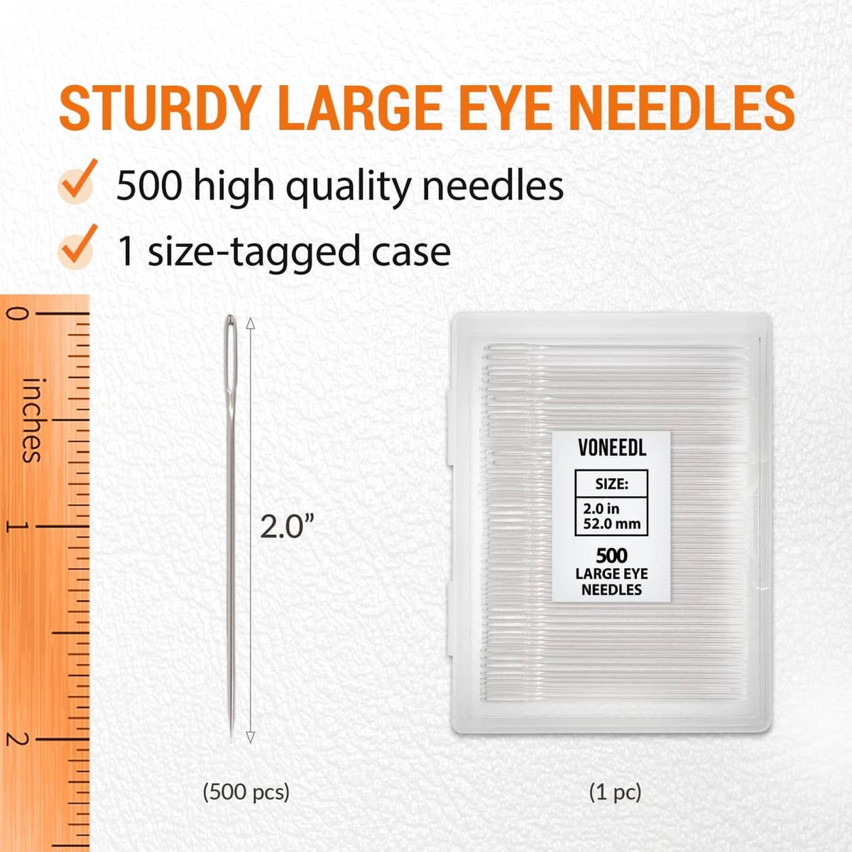 Large-eye sewing needle case labeled 500 needles; needle length shown
