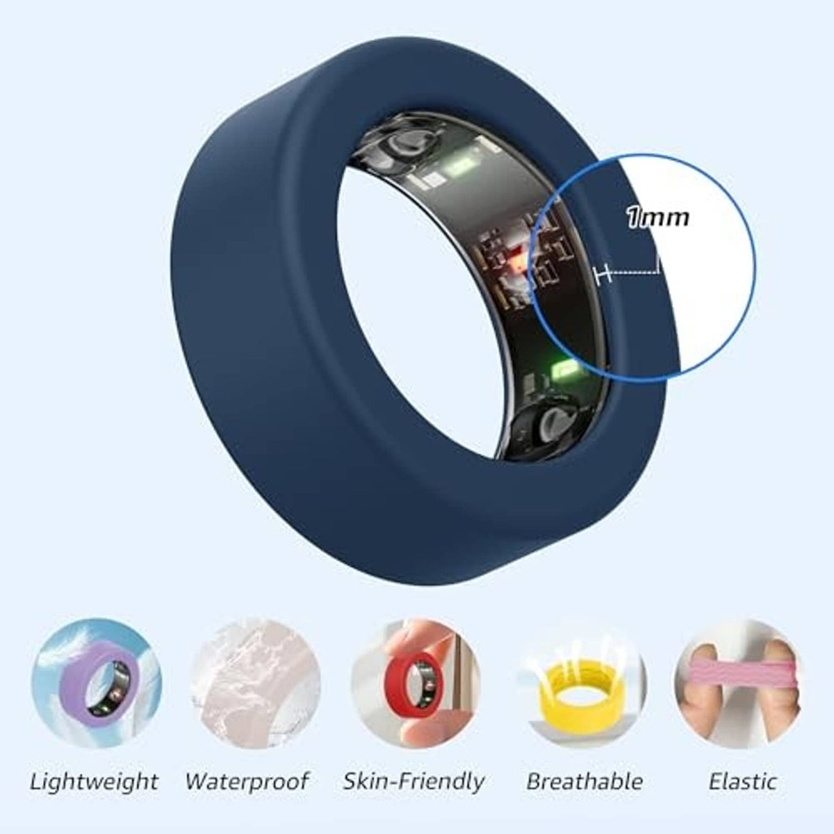 Dark navy silicone ring cover with thickness marked at 7mm and snug fit