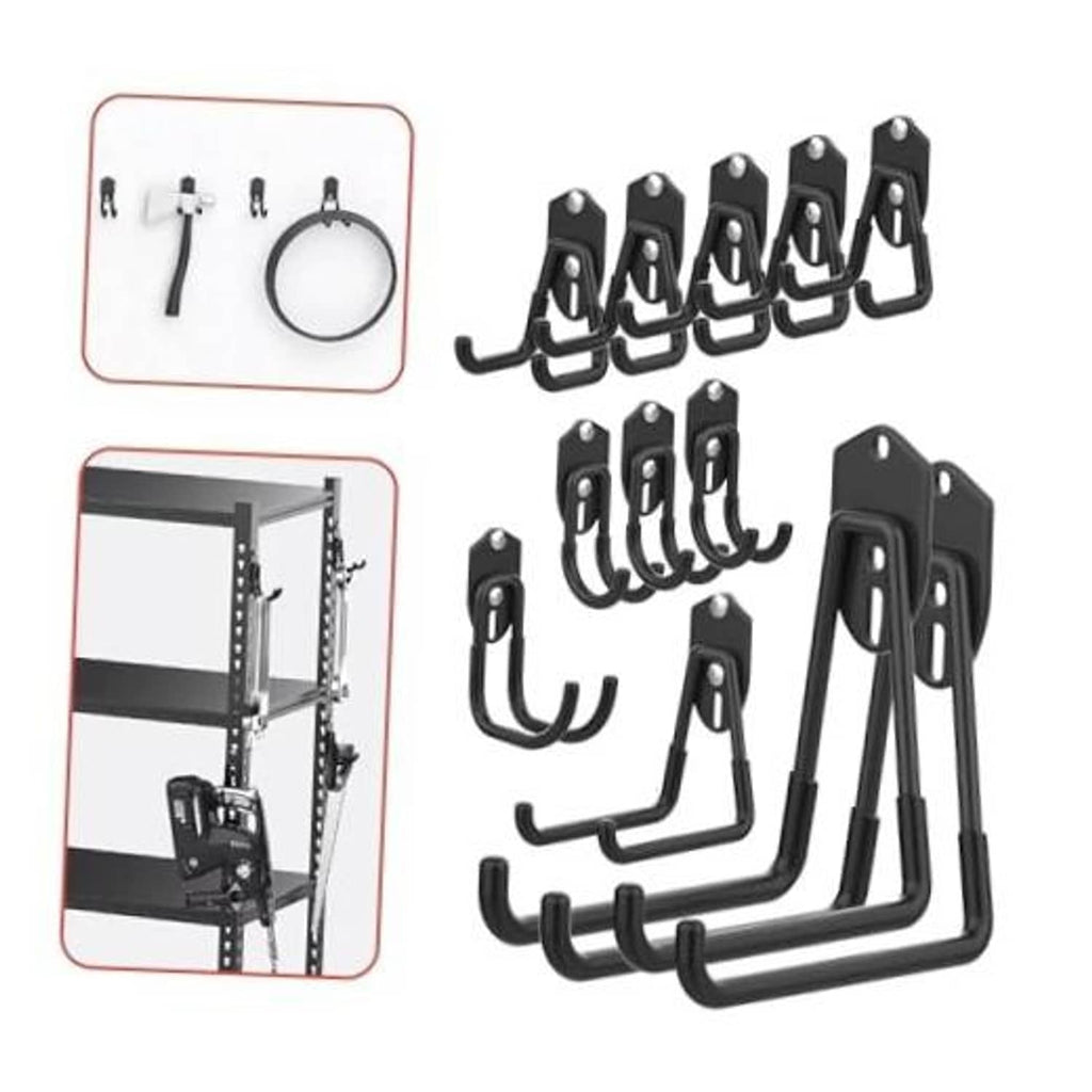 Set of black wall-mount utility hooks with curved hangers and mounting plates