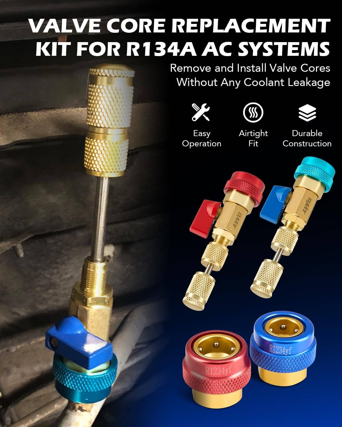 R134a valve core replacement kit: brass tool with red and blue adapters and spare cores