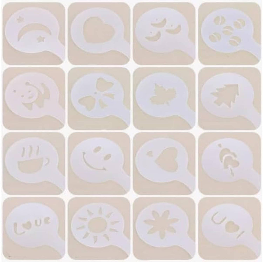 White plastic coffee stencil pattern set, assorted icons in a grid