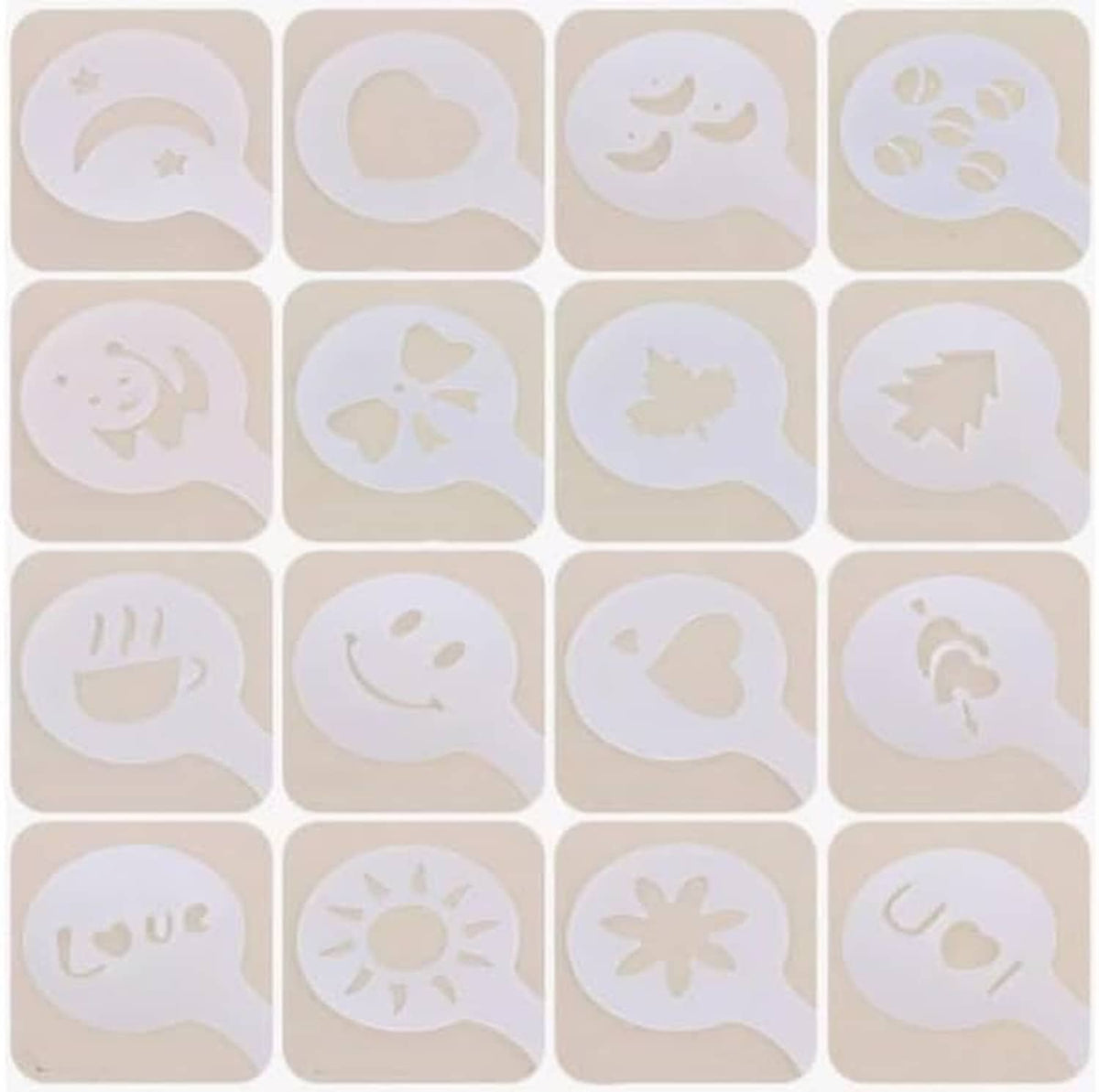 White plastic coffee stencil pattern set, assorted icons in a grid