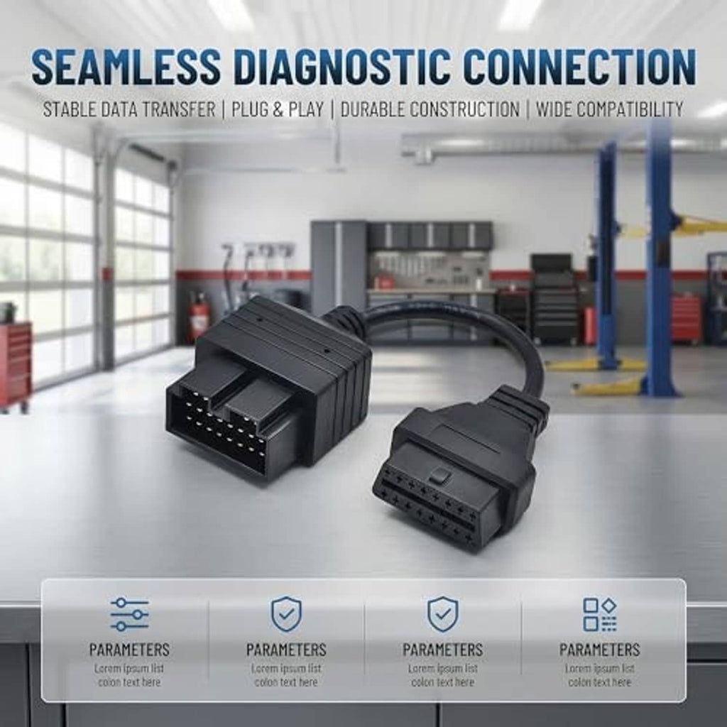 Black OBD diagnostic adapter cable with two matching multi-pin connector ends