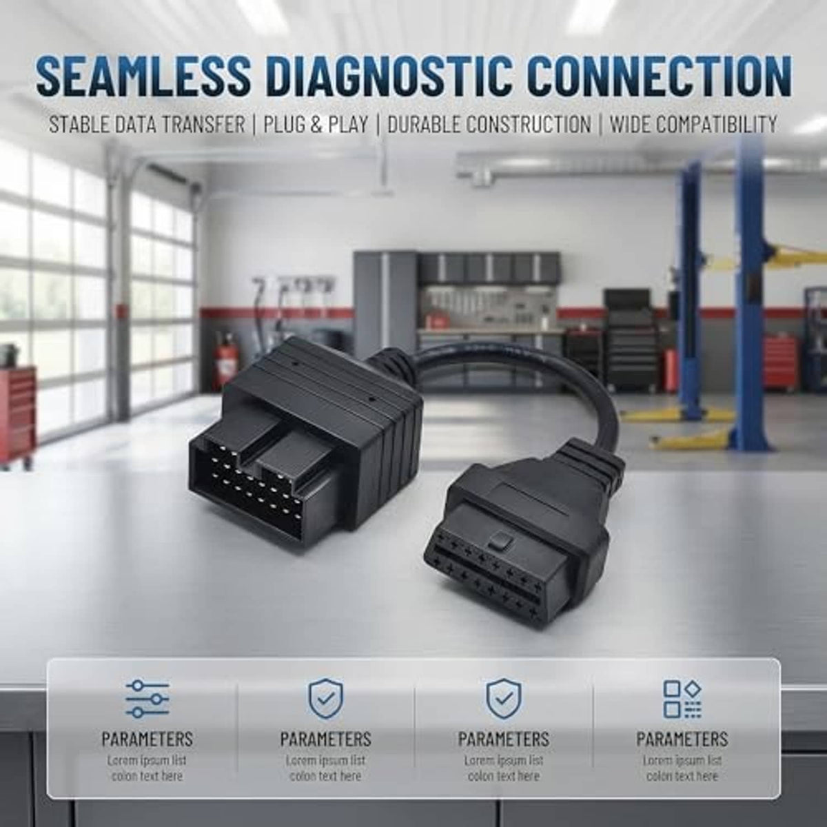 Black OBD diagnostic adapter cable with two matching multi-pin connector ends