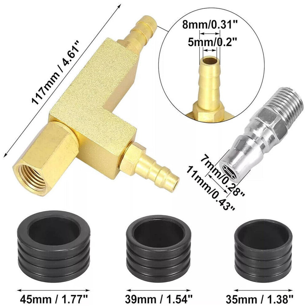 Gold metal radiator adapter with hose fitting and three black rubber O-ring seals