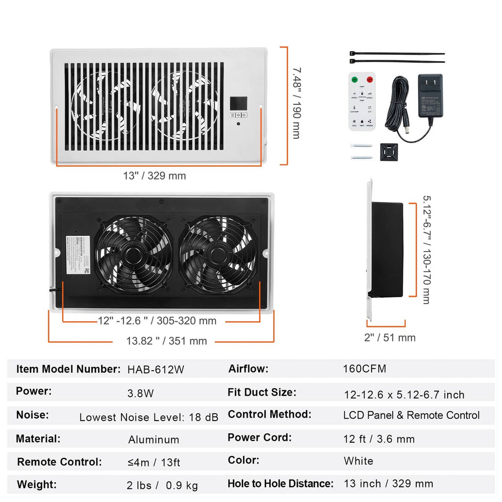 White register booster fan with front and back dimension lines, grille and twin fan view