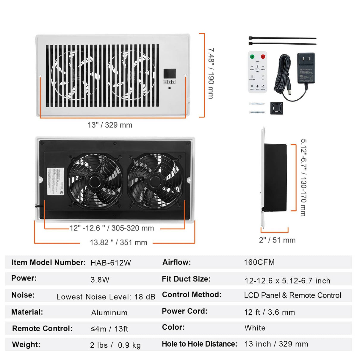 White register booster fan with front and back dimension lines, grille and twin fan view