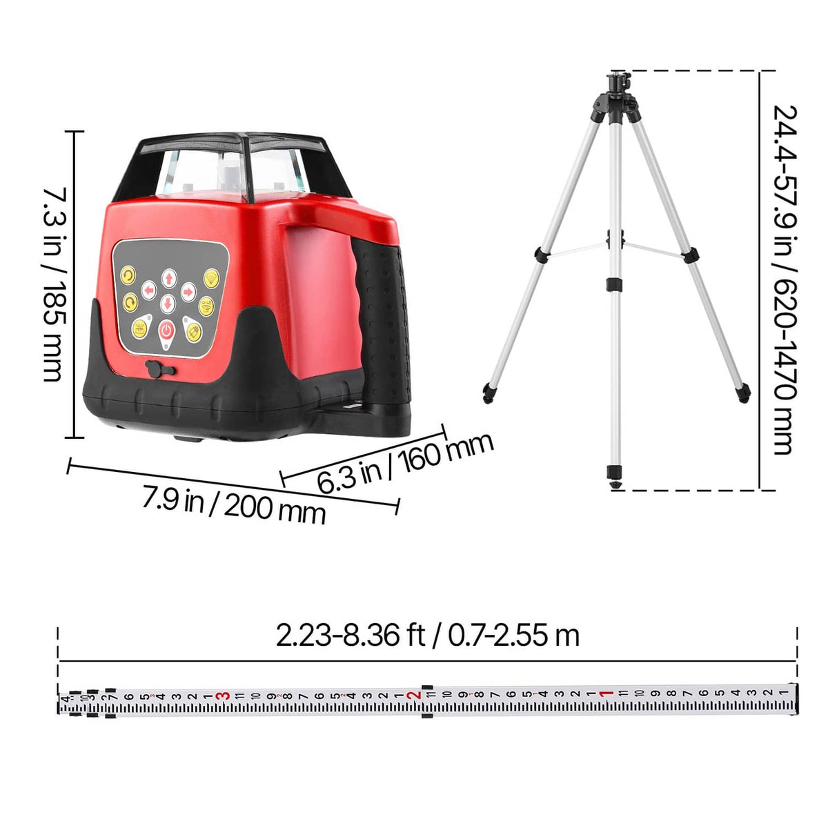 Red laser level unit with tripod, plus measurement layout and dimensions on white