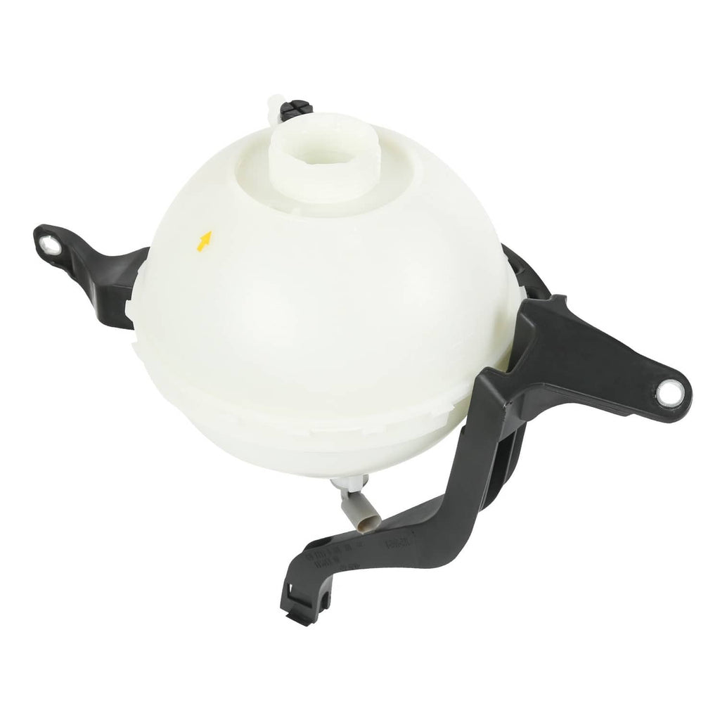 Coolant expansion tank with sensor, white plastic body and black mounting brackets