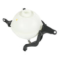 Coolant expansion tank with sensor, white plastic body and black mounting brackets