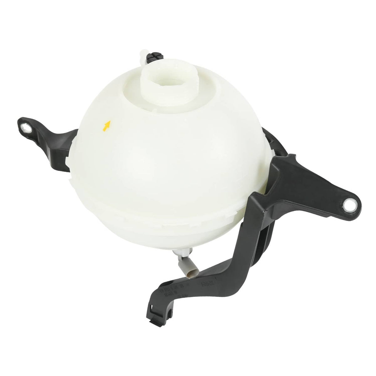 Coolant expansion tank with sensor, white plastic body and black mounting brackets