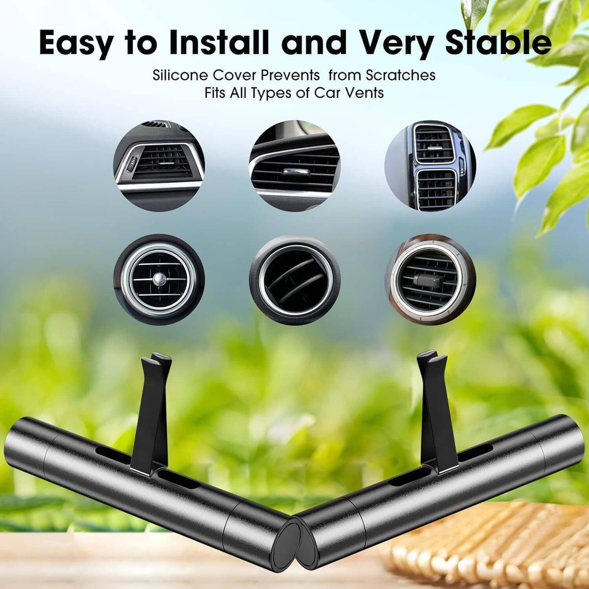 Two black car air freshener diffuser holders with silicone cover anti-scratch clips