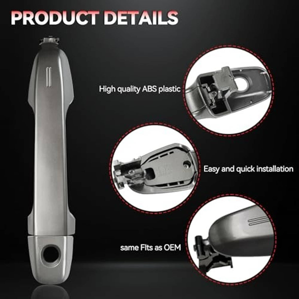 Exterior door handle, silver-toned ABS plastic with view of installation clips