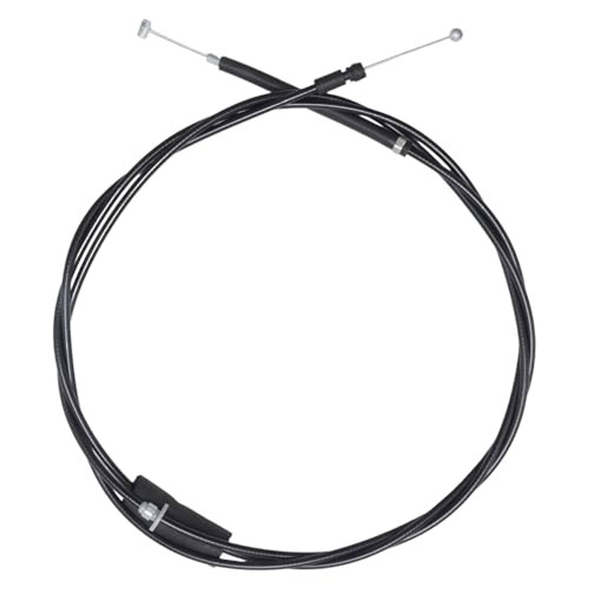 Black hood release cable in loop form with metal ball ends and crossover section