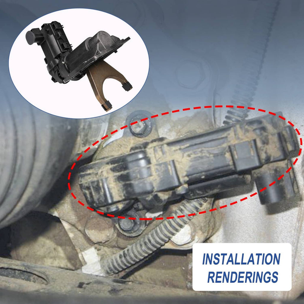 Front axle disconnect actuator fork shown on vehicle undercarriage with wiring connection