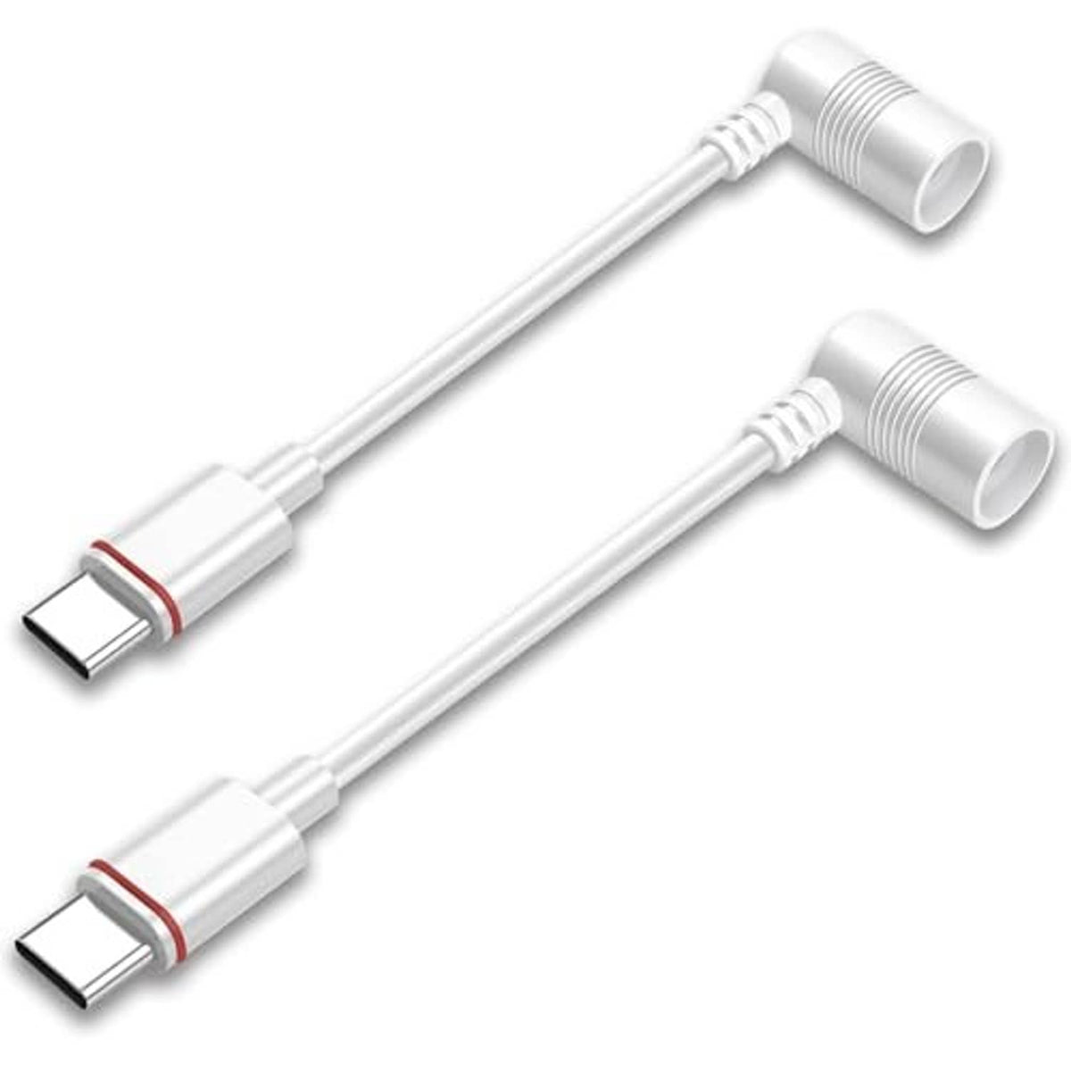Pair of white USB-C to barrel plug adapters with ribbed barrel ends