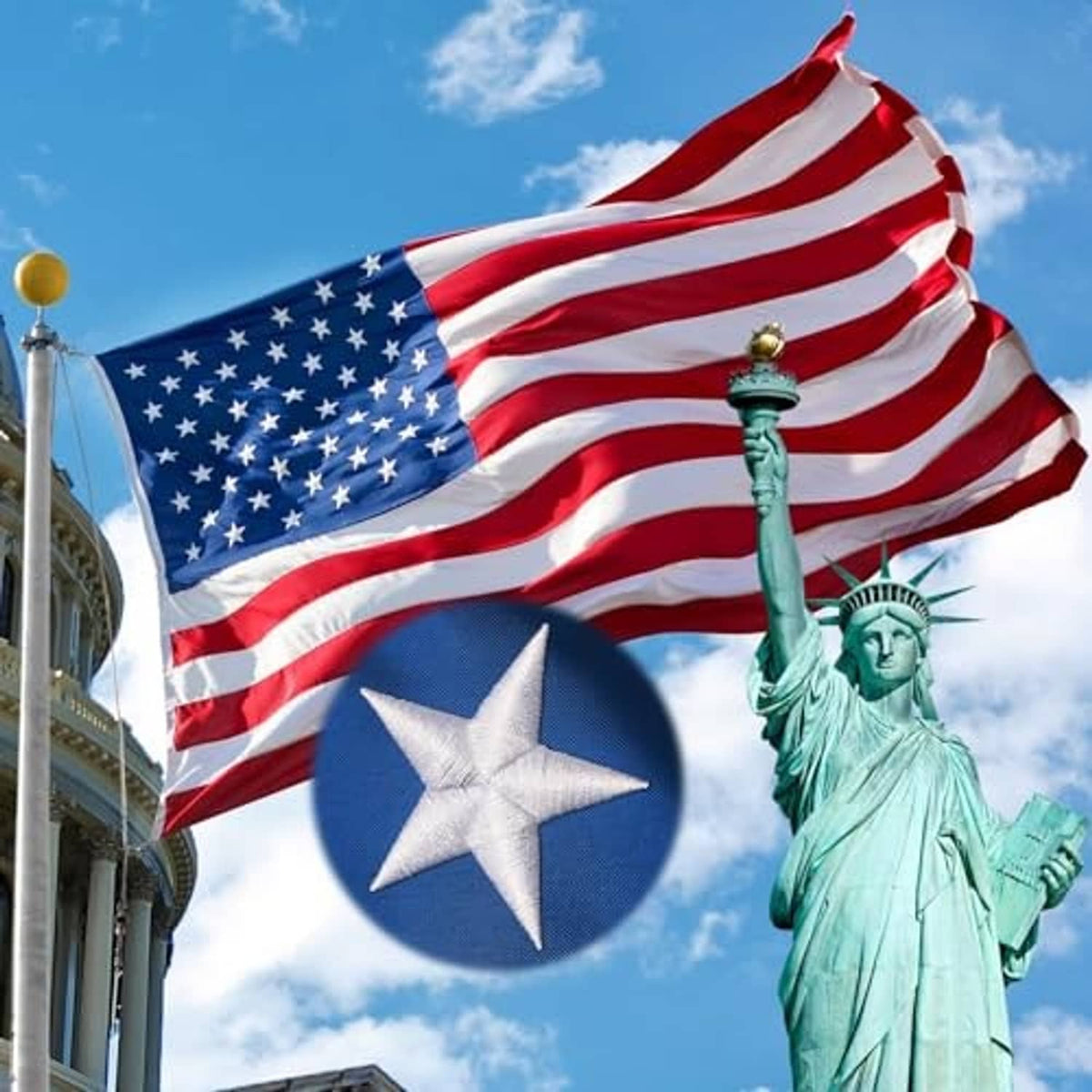 Outdoor American flag with red-and-white stripes and blue star field, waving on a pole