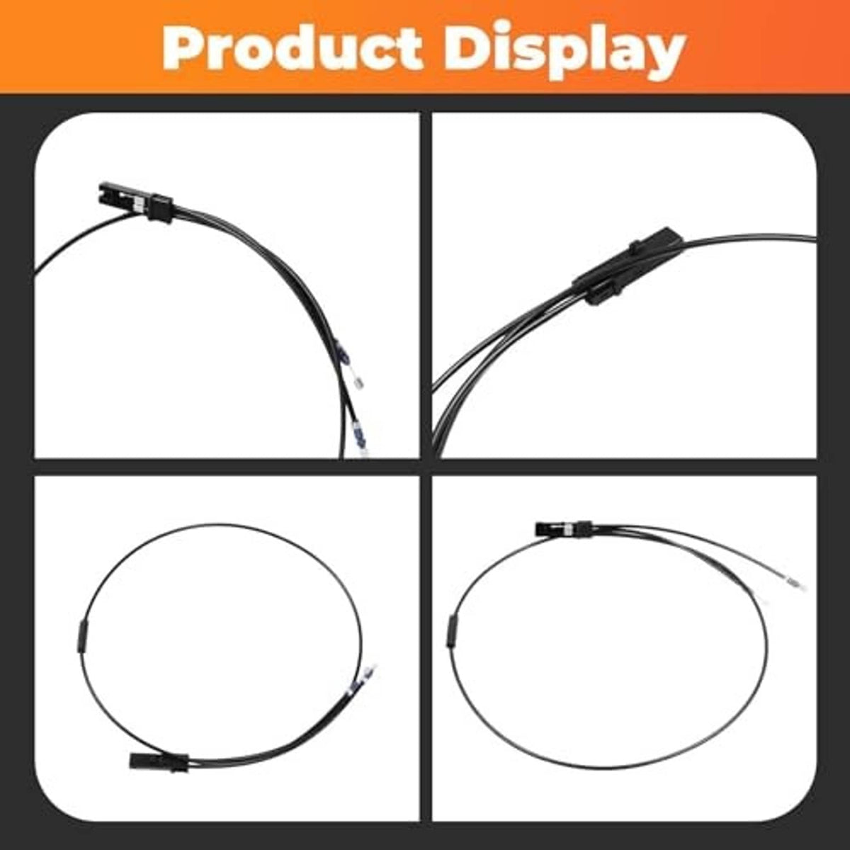 Hood lock release cable displayed in multiple views with black connectors
