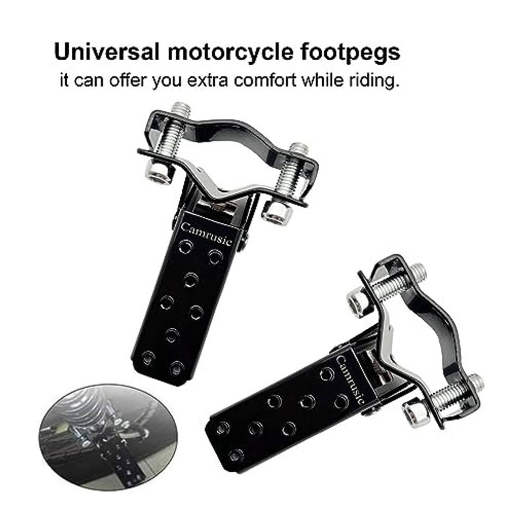 Universal motorcycle foot pegs with black plates and silver hardware, shown as a pair