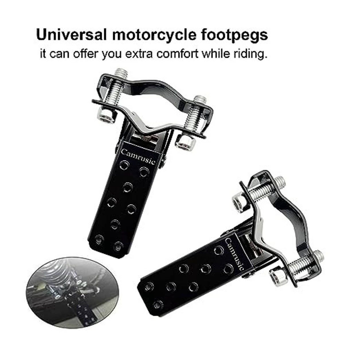 Universal motorcycle foot pegs with black plates and silver hardware, shown as a pair