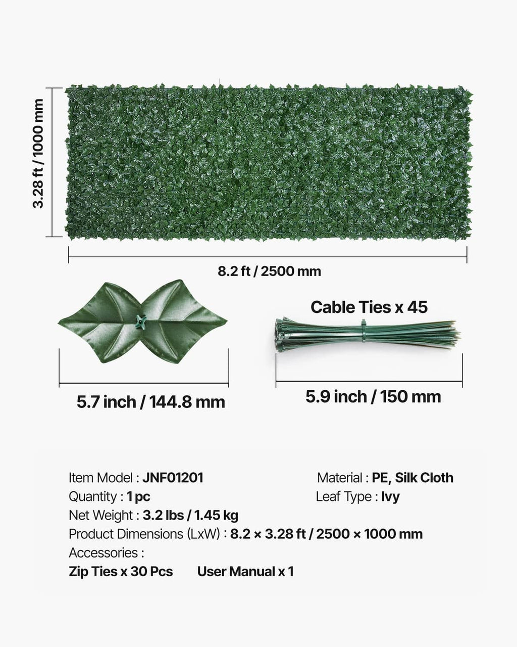 Artificial ivy leaf fence screen panel with size diagram and included cable ties