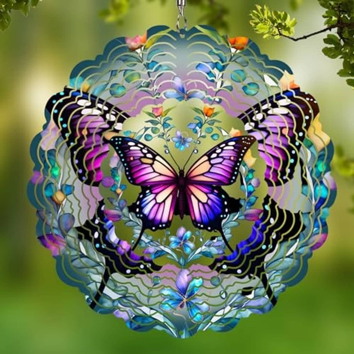 Hanging butterfly wind spinner with colorful floral center and iridescent border