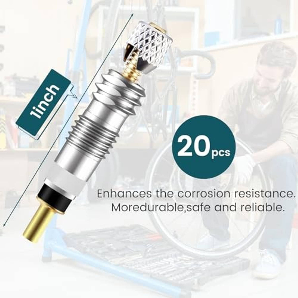 Brass Presta valve stem and core, silver spring-like body with gold inlet
