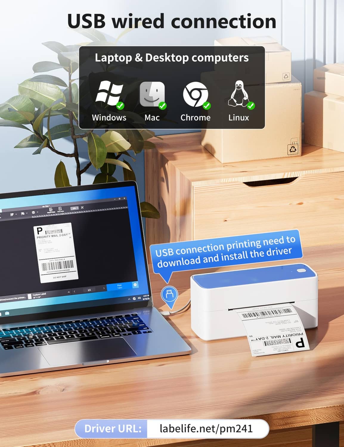 White and blue thermal label printer showing a printed shipping label