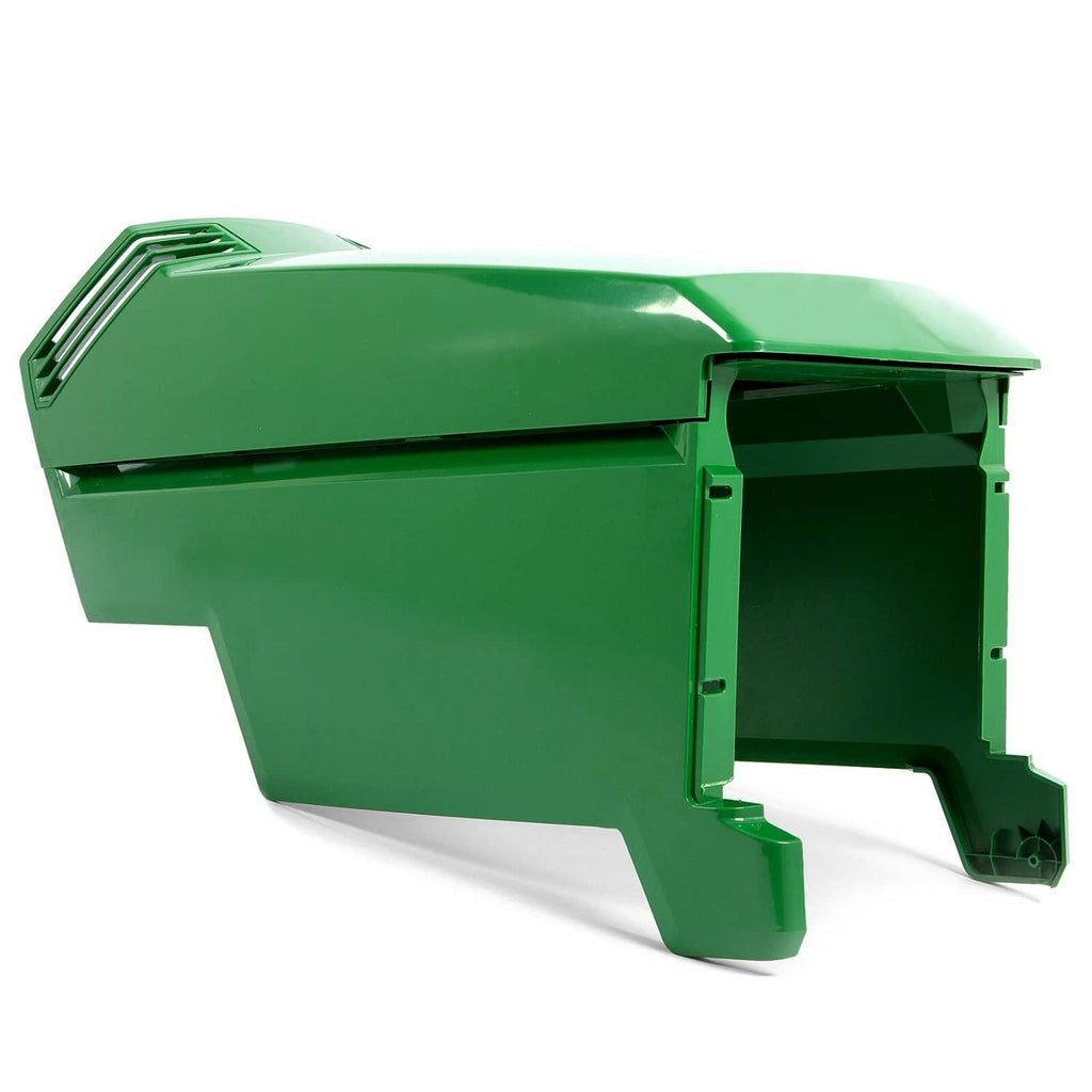 Green hood assembly with open interior cavity and mounting tabs on side.