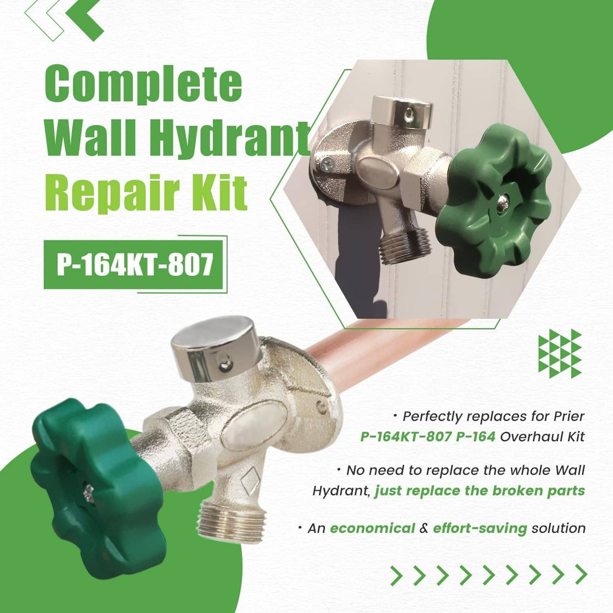 Complete wall hydrant repair kit with green handle wheel and metal valve parts