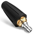 Black turbo pressure washer nozzle tip with gold collar and silver quick-connect
