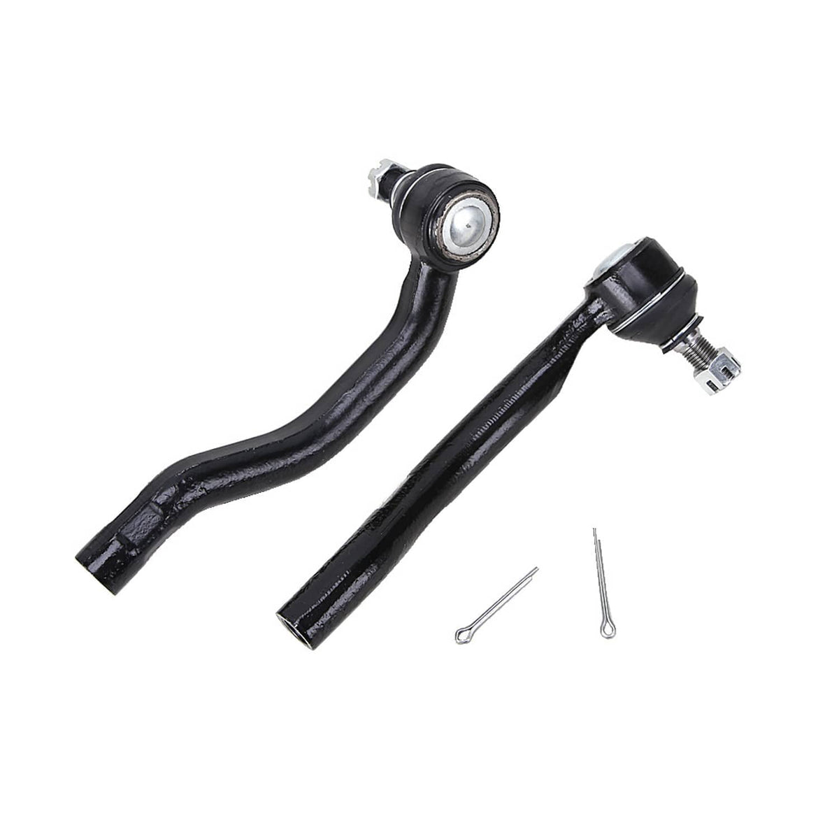Two black outer tie rod ends with ball joint housings and cotter pins.